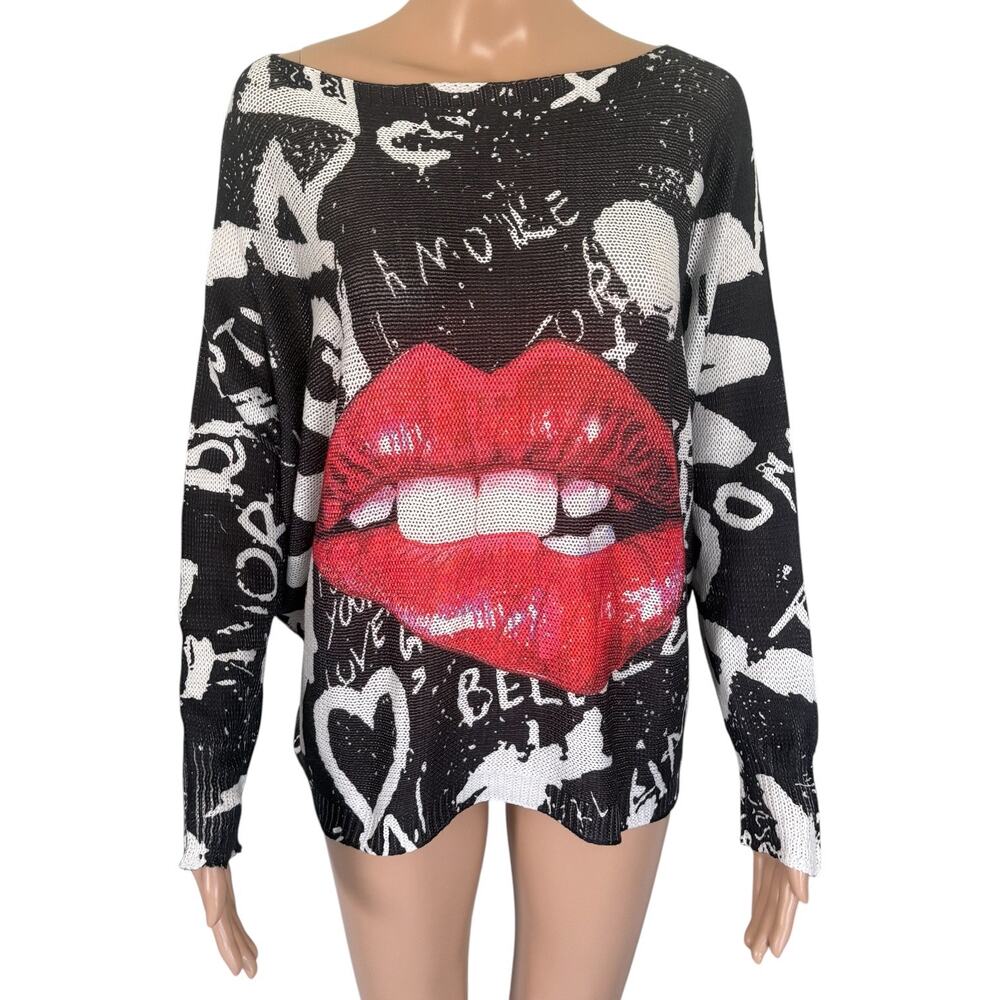 Y2K Lips Graphic Dolman Knit Sweater Made in Italy Goth McBling Alternative Blck - Picture 2 of 8